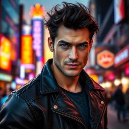 A handsome man with strong facial features, deep blue eyes, and tousled dark hair, wearing a stylish leather jacket