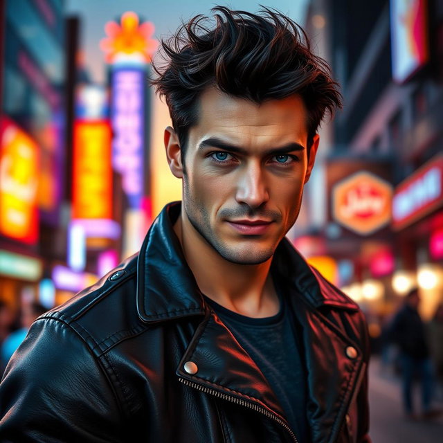 A handsome man with strong facial features, deep blue eyes, and tousled dark hair, wearing a stylish leather jacket