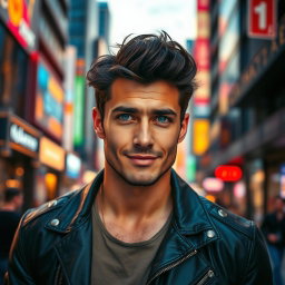 A handsome man with strong facial features, deep blue eyes, and tousled dark hair, wearing a stylish leather jacket