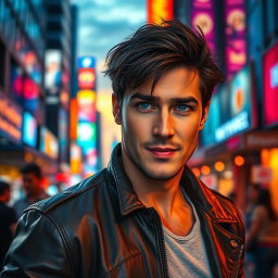 A handsome man with strong facial features, deep blue eyes, and tousled dark hair, wearing a stylish leather jacket