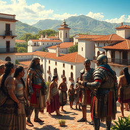 A highly detailed and atmospheric scene depicting the Spanish Colonization Period