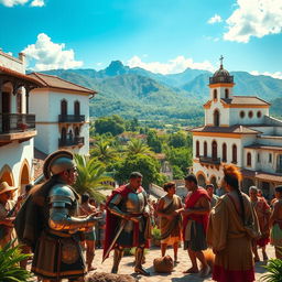 A highly detailed and atmospheric scene depicting the Spanish Colonization Period