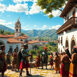 A highly detailed and atmospheric scene depicting the Spanish Colonization Period