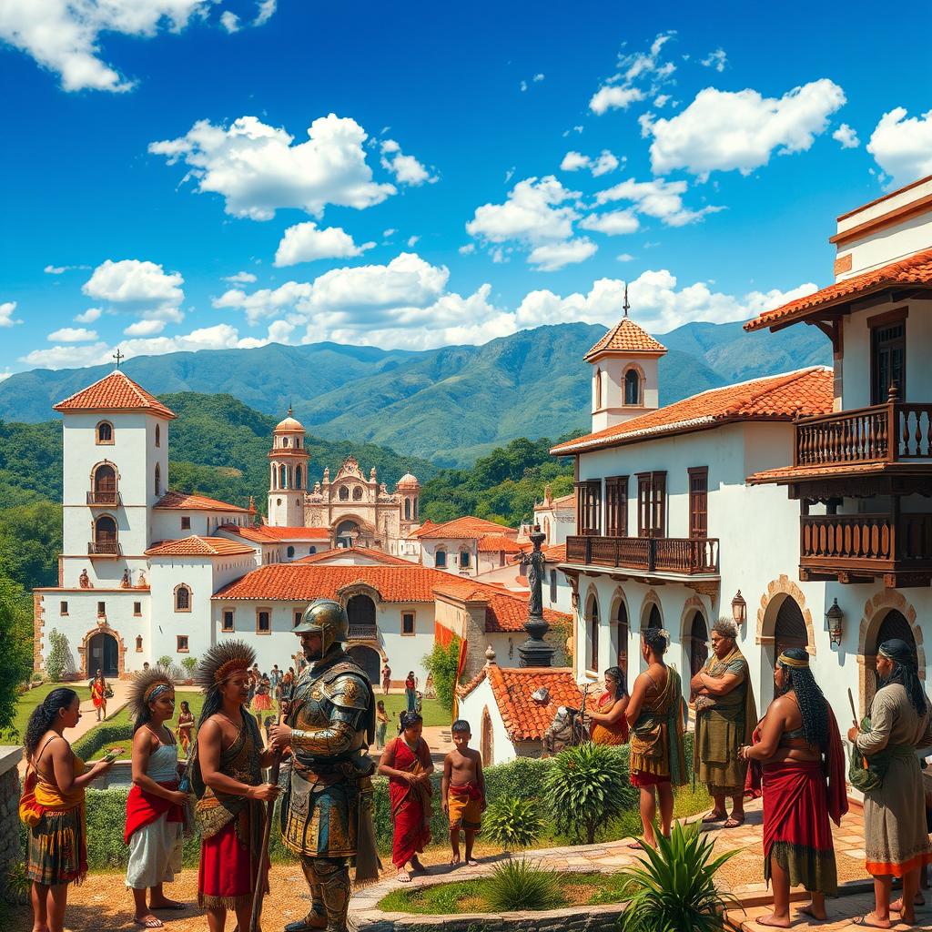 A highly detailed and atmospheric scene depicting the Spanish Colonization Period