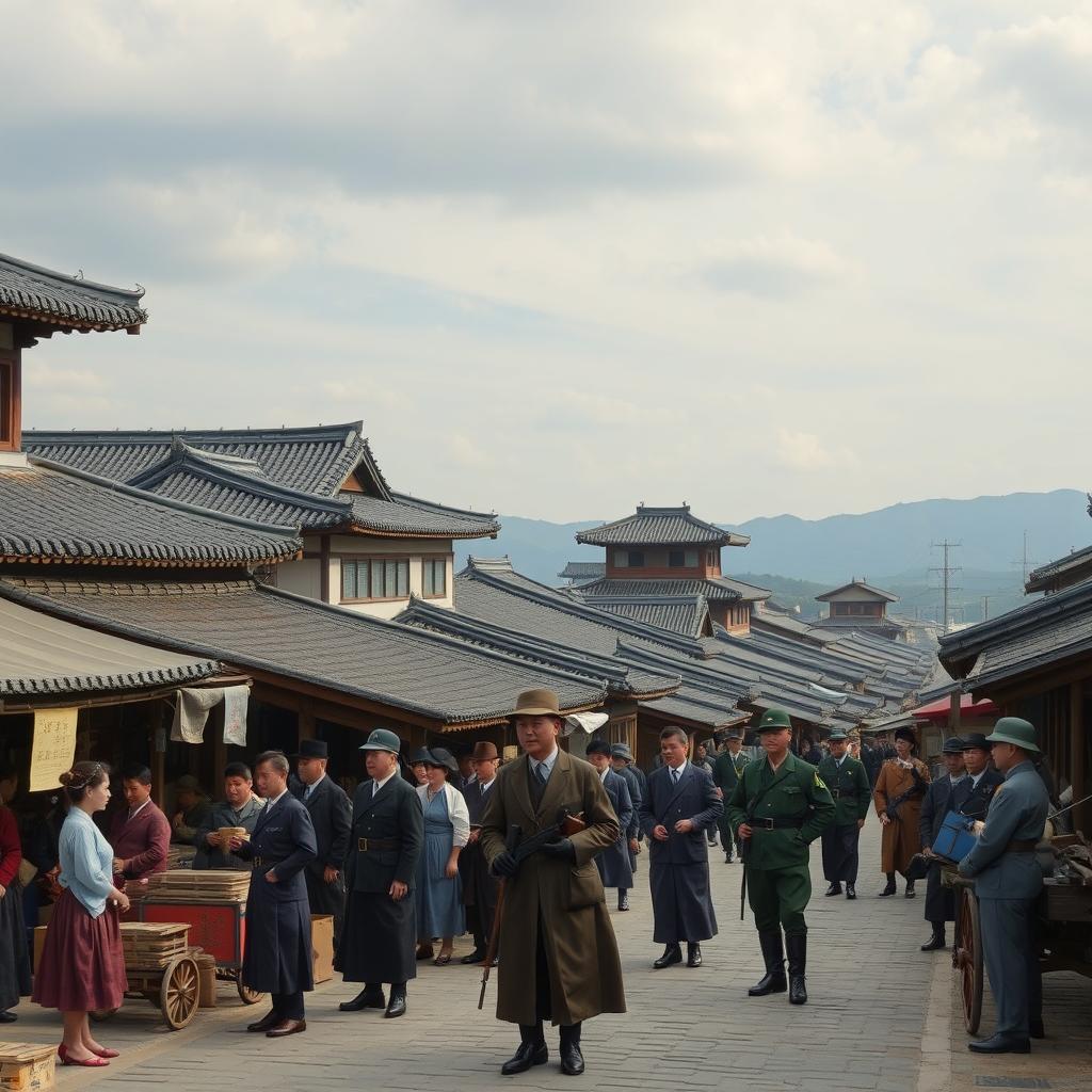 A historical scene depicting the Japanese Colonization Period in Korea, showcasing traditional Korean architecture juxtaposed with Japanese military presence