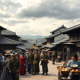 A historical scene depicting the Japanese Colonization Period in Korea, showcasing traditional Korean architecture juxtaposed with Japanese military presence