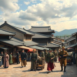 A historical scene depicting the Japanese Colonization Period in Korea, showcasing traditional Korean architecture juxtaposed with Japanese military presence