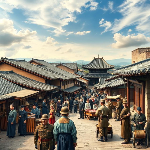 A historical scene depicting the Japanese Colonization Period in Korea, showcasing traditional Korean architecture juxtaposed with Japanese military presence