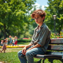 A story about an unfortunate boy wearing a tattered shirt and faded jeans, looking dejected while sitting on a park bench
