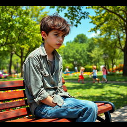 A story about an unfortunate boy wearing a tattered shirt and faded jeans, looking dejected while sitting on a park bench