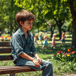 A story about an unfortunate boy wearing a tattered shirt and faded jeans, looking dejected while sitting on a park bench