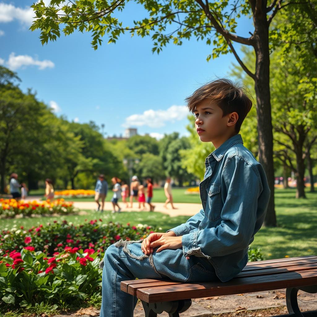 A story about an unfortunate boy wearing a tattered shirt and faded jeans, looking dejected while sitting on a park bench