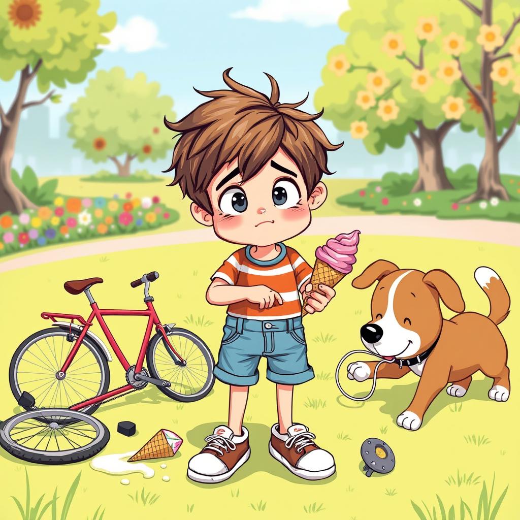 A conceptual illustration of an unfortunate boy in a whimsical setting, with a comical expression reflecting his bad luck
