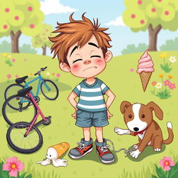 A conceptual illustration of an unfortunate boy in a whimsical setting, with a comical expression reflecting his bad luck