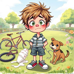 A conceptual illustration of an unfortunate boy in a whimsical setting, with a comical expression reflecting his bad luck