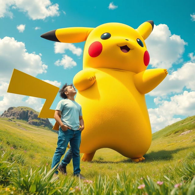 A giant Pikachu towering over a bewildered human in an imaginative landscape