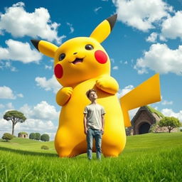 A giant Pikachu towering over a bewildered human in an imaginative landscape