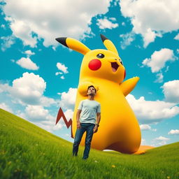 A giant Pikachu towering over a bewildered human in an imaginative landscape