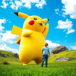 A giant Pikachu towering over a bewildered human in an imaginative landscape