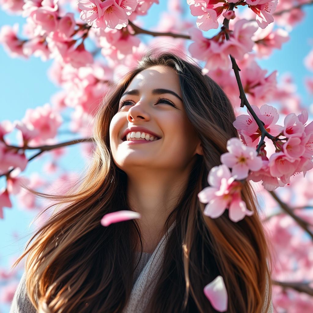 A serene portrait of a Caucasian woman enjoying the beauty of cherry blossoms, her long hair gently flowing in the breeze