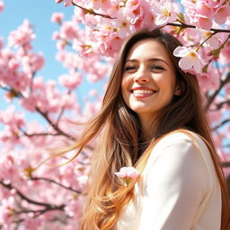 A serene portrait of a Caucasian woman enjoying the beauty of cherry blossoms, her long hair gently flowing in the breeze