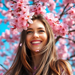 A serene portrait of a Caucasian woman enjoying the beauty of cherry blossoms, her long hair gently flowing in the breeze