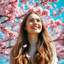 A serene portrait of a Caucasian woman enjoying the beauty of cherry blossoms, her long hair gently flowing in the breeze