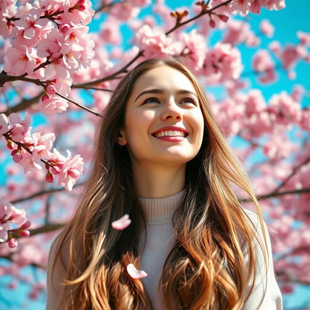A serene portrait of a Caucasian woman enjoying the beauty of cherry blossoms, her long hair gently flowing in the breeze
