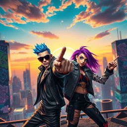 A dynamic and vibrant scene featuring two cool and stylish characters striking impressive poses against a stunning and energetic background