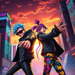 A dynamic and vibrant scene featuring two cool and stylish characters striking impressive poses against a stunning and energetic background