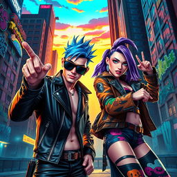 A dynamic and vibrant scene featuring two cool and stylish characters striking impressive poses against a stunning and energetic background