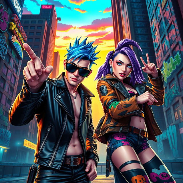 A dynamic and vibrant scene featuring two cool and stylish characters striking impressive poses against a stunning and energetic background