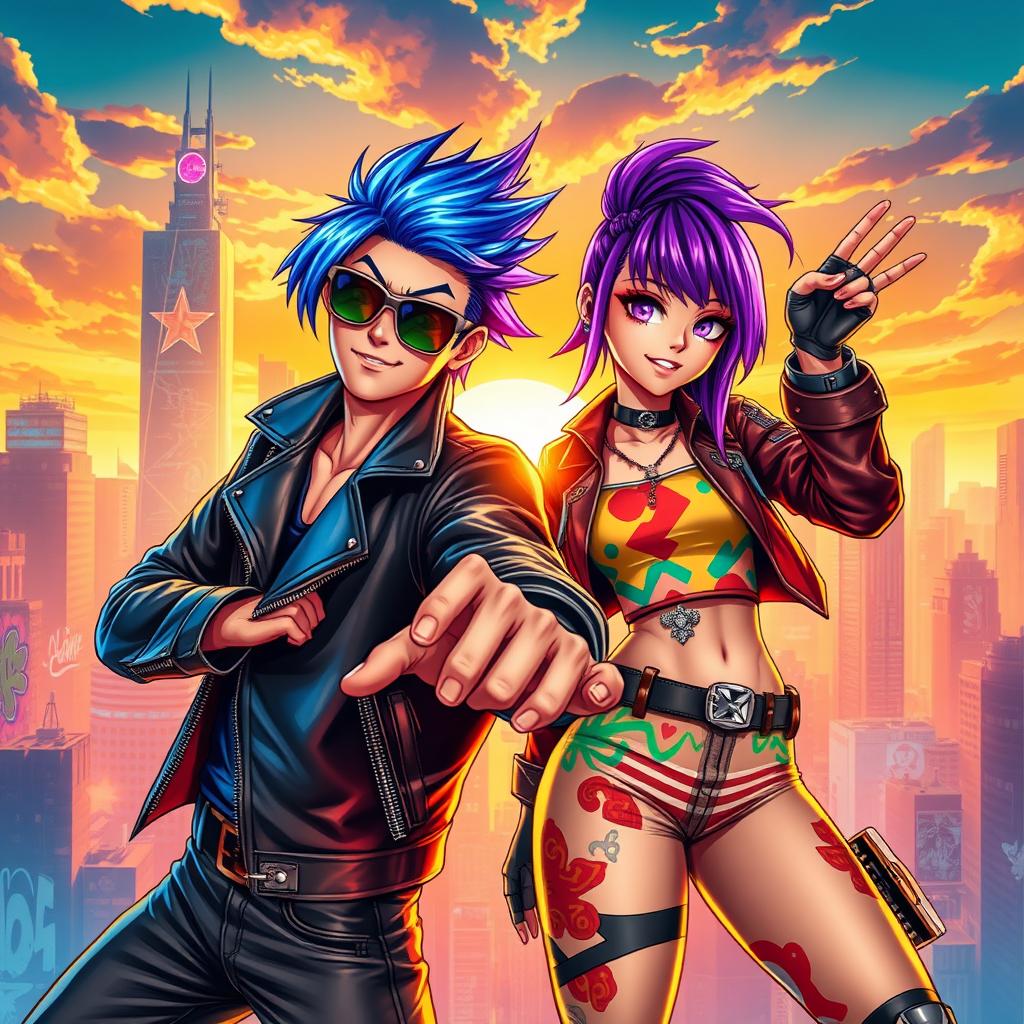 A dynamic and vibrant scene featuring two cool and stylish characters striking impressive poses against a stunning and energetic background