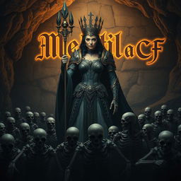 A powerful queen holding a scepter, commanding an army of skeletal soldiers at her feet
