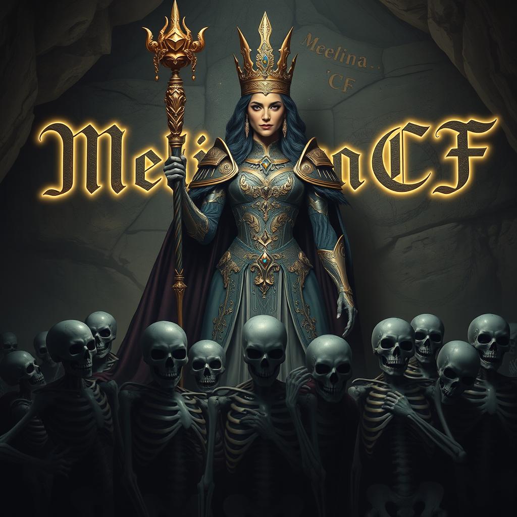 A powerful queen holding a scepter, commanding an army of skeletal soldiers at her feet