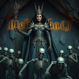 A powerful queen holding a scepter, commanding an army of skeletal soldiers at her feet
