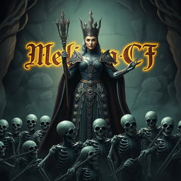 A powerful queen holding a scepter, commanding an army of skeletal soldiers at her feet