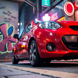 A stunning Nissan March car parked on a vibrant city street