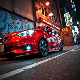 A stunning Nissan March car parked on a vibrant city street
