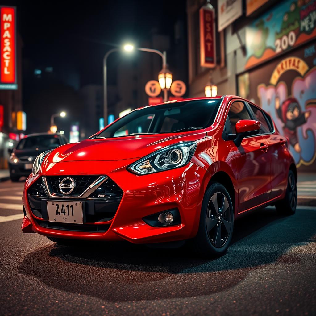 A stunning Nissan March car parked on a vibrant city street