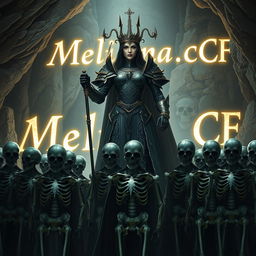 A majestic queen commanding an army of skeletal soldiers at her feet, with a commanding presence as she holds a scepter in her hand
