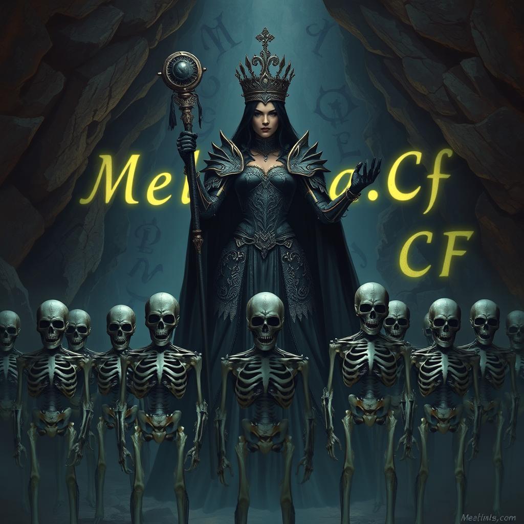 A majestic queen commanding an army of skeletal soldiers at her feet, with a commanding presence as she holds a scepter in her hand