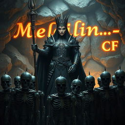 A majestic queen commanding an army of skeletal soldiers at her feet, with a commanding presence as she holds a scepter in her hand