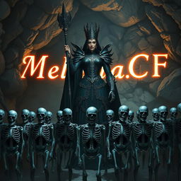 A majestic queen commanding an army of skeletal soldiers at her feet, with a commanding presence as she holds a scepter in her hand