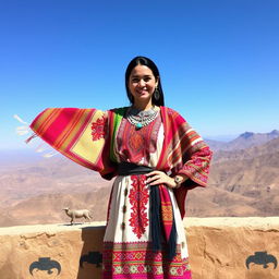 A person wearing a traditional Moroccan Amazigh costume, featuring vibrant colors and intricate patterns