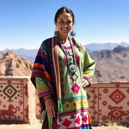 A person wearing a traditional Moroccan Amazigh costume, featuring vibrant colors and intricate patterns