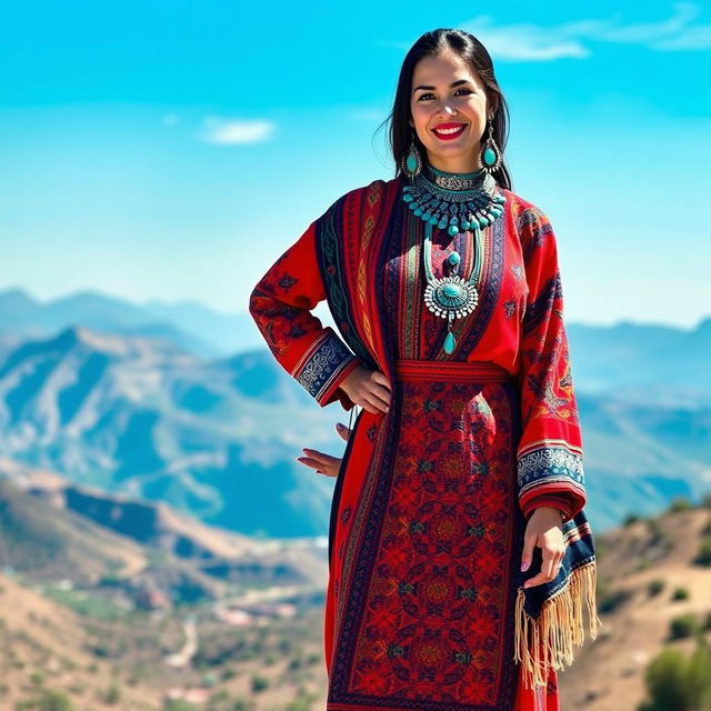 A person wearing a traditional Moroccan Amazigh costume, featuring vibrant colors and intricate patterns