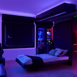 A futuristic gaming room with a full wall bed and a dedicated PlayStation 5 panel