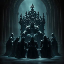 A dark and majestic scene depicting the Shadow King seated on an ominous, intricately designed throne crafted from shadows and ethereal darkness, his regal armor glinting faintly in the dim light