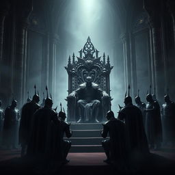 A dark and majestic scene depicting the Shadow King seated on an ominous, intricately designed throne crafted from shadows and ethereal darkness, his regal armor glinting faintly in the dim light